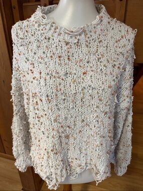 POL Size Large L distressed Cream Speckled Open-Knit Crewneck Sweater